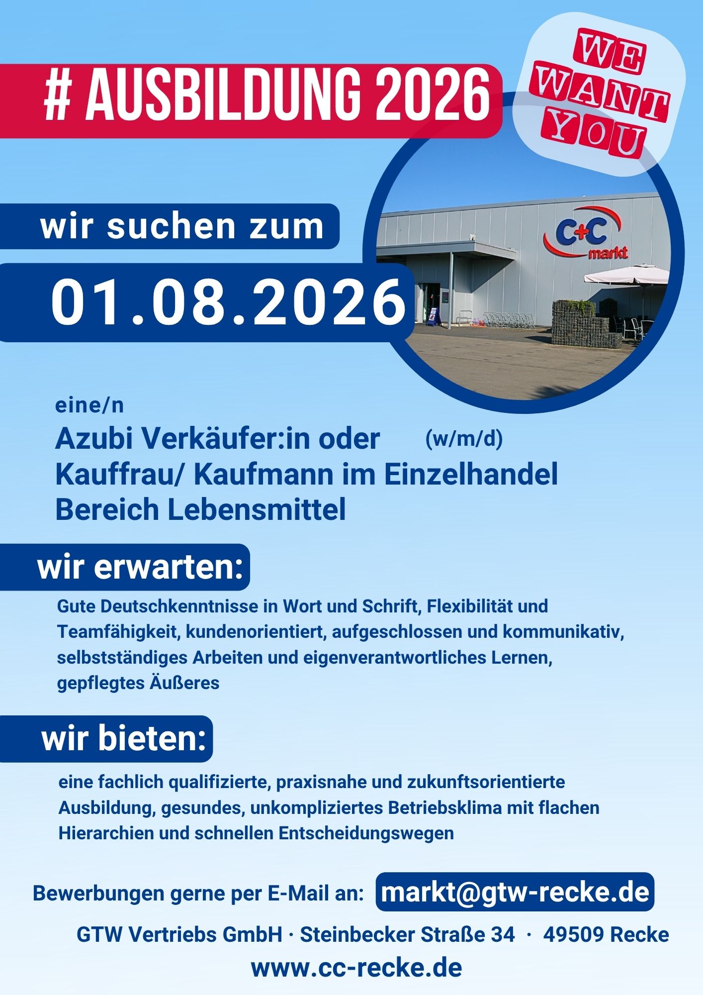 Stellenanzeige Azubi 2026 Markt Aushang